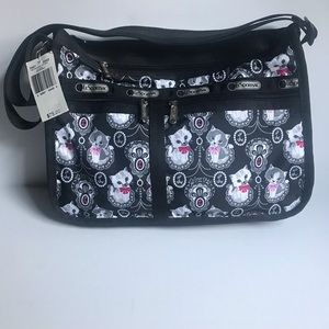 Lesportsac Black and Pink Cat Print Shoulder Bag